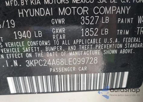 2020 Hyundai Accent Se z USA, uszkodzony, nr VIN 3KPC24A68LE099728